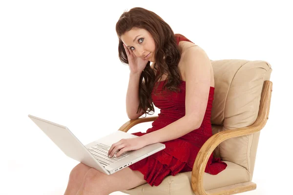 Woman red dress sit laptop look — Stock Photo, Image