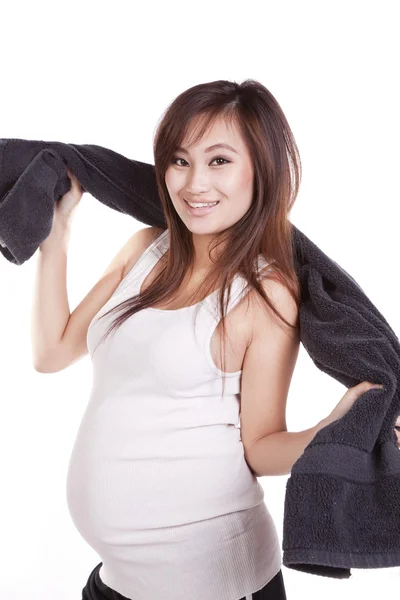 Pregnant with towel around neck — Stock Photo, Image