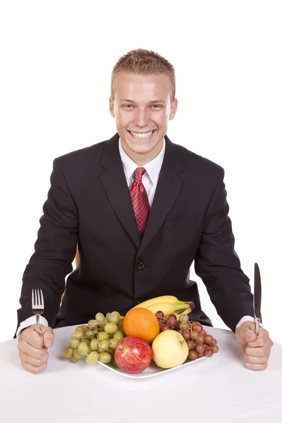 Happy with fruit plate — Stock Photo, Image