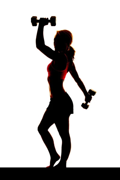 Woman weights silhouette one arm up one back — Stock Photo, Image