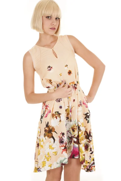 Woman light flower dress lean — Stock Photo, Image