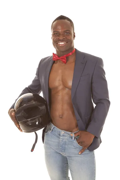 Man suitcoat tie no shirt helmet smile — Stock Photo, Image