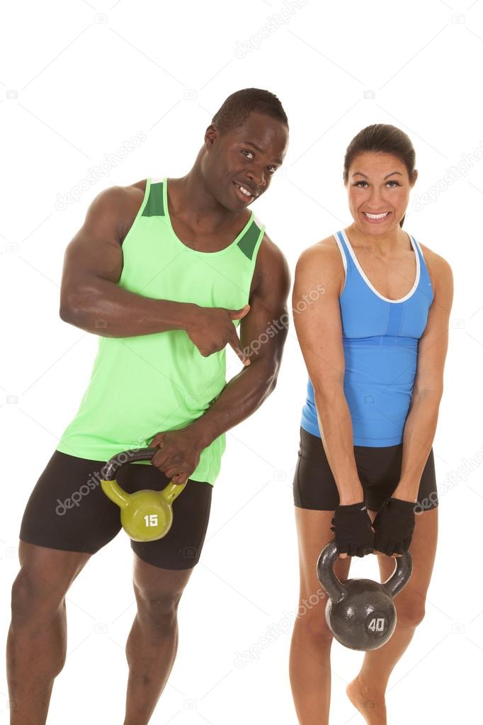 man and woman fitness him pointing