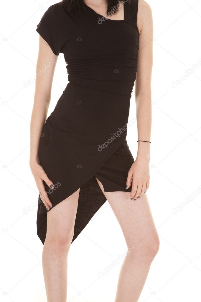 woman body in a black dress hands down