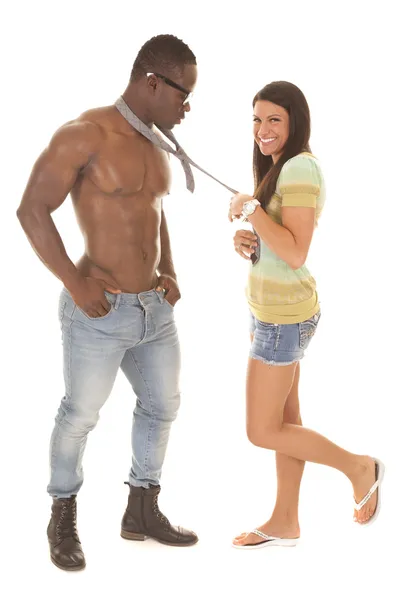 Man no shirt tie woman leg up — Stock Photo, Image