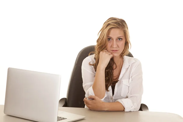 Mujer seria sentarse junto al ordenador portátil — Foto de Stock