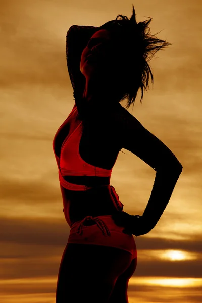 Silhouette Frau rosa Bikini seitliches Handhaar — Stockfoto