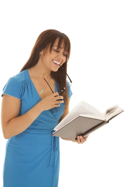 Woman in a blue dress glasses laugh — Stock Photo, Image