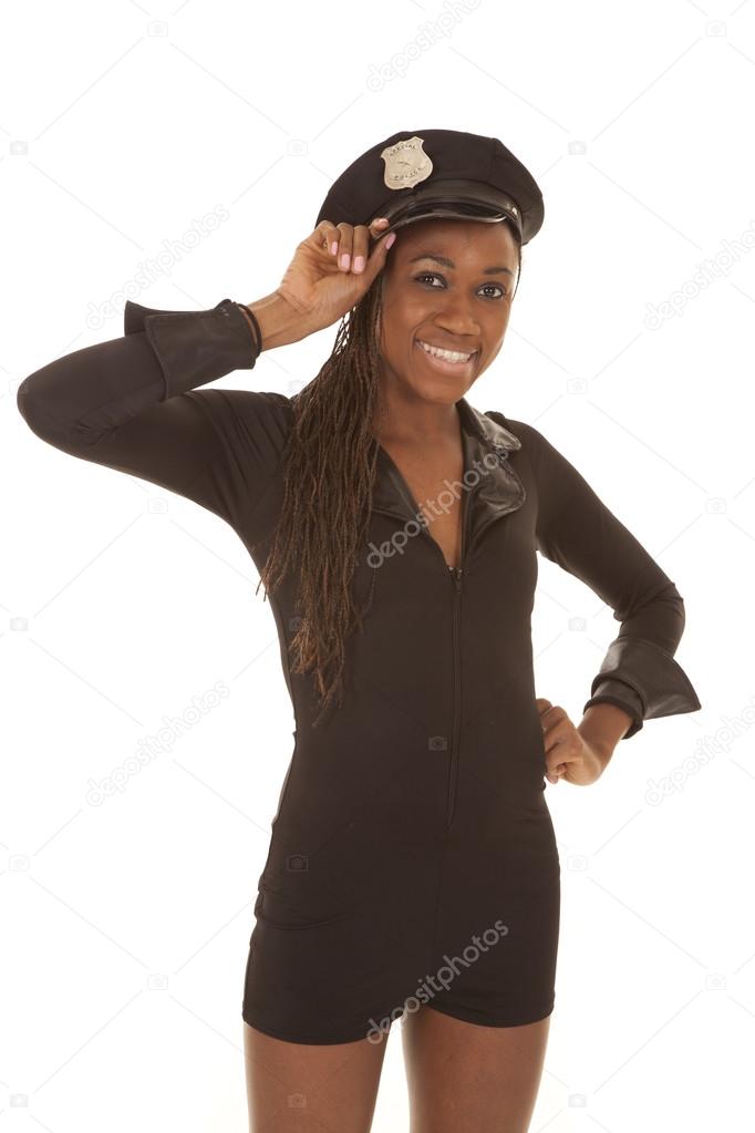 Cop woman hold hat