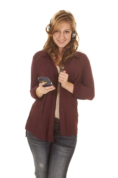 Woman headphones phone looking — Stock Photo, Image