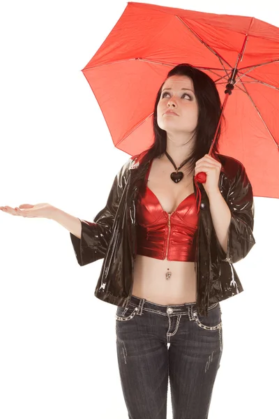 Woman red top and umbrella hand out close — Stock Photo, Image