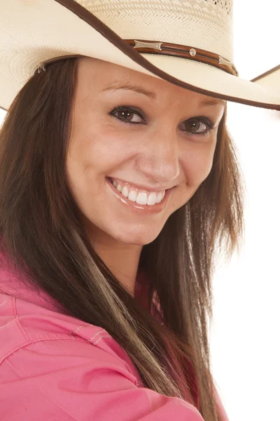 女牛仔的粉红色衬衫密切帽子 — 图库照片