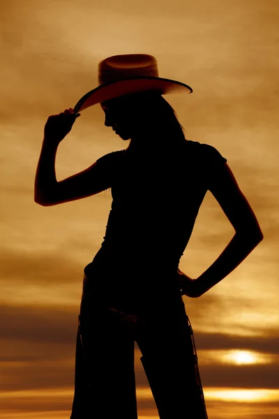 Silhouette western woman hat tip side — Stock Photo, Image