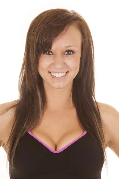 Kobieta fitness czarny biustonosz uśmiech blisko — Zdjęcie stockowe
