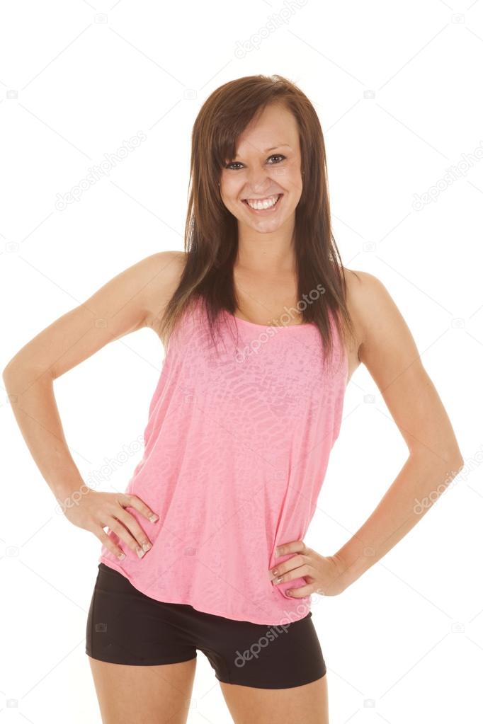 woman fitness pink tank top stand smile
