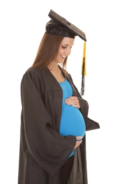 Maturitní modré tričko těhotná držet břicho — Stock fotografie