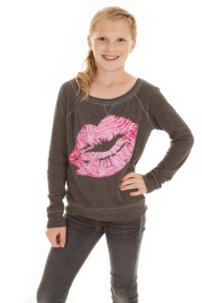 Girl with lips on shirt standing — Stock Photo, Image