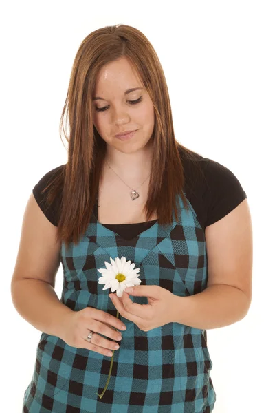 Donna tenere fiore bianco guardare in basso — Foto Stock