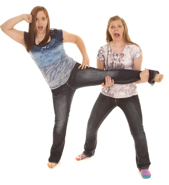 Two girls one leg up — Stock Photo, Image