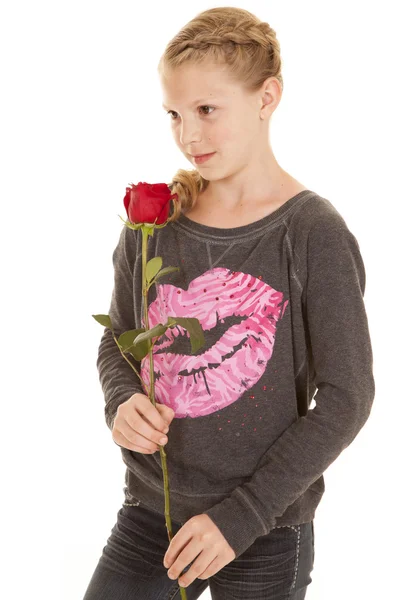 Young girl hold rose lips — Stock Photo, Image