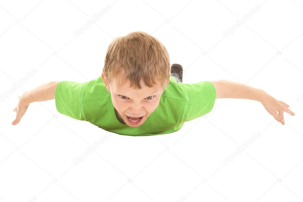 boy green shirt flying