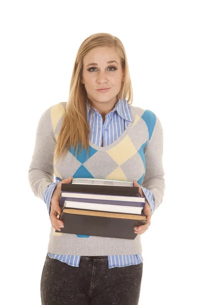 Estudante livros segurar frente encolher os ombros — Fotografia de Stock