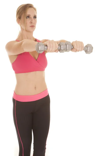 Woman fitness pink bra weights out — Stock Photo, Image