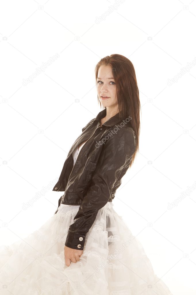 girl in white fluffy dress jacket