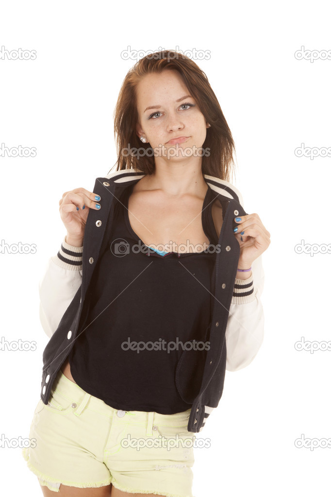 Girl holding colar of her jacket