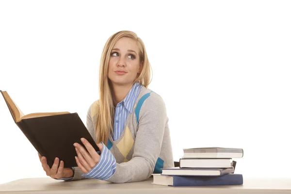 Schoolgirl reading book look back — Stock Photo, Image