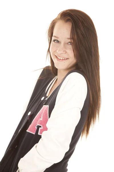 Girl pose letterman jacket — Stock Photo, Image