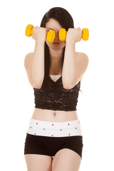 Woman yellow weights lace cover eyes — Stock Photo, Image