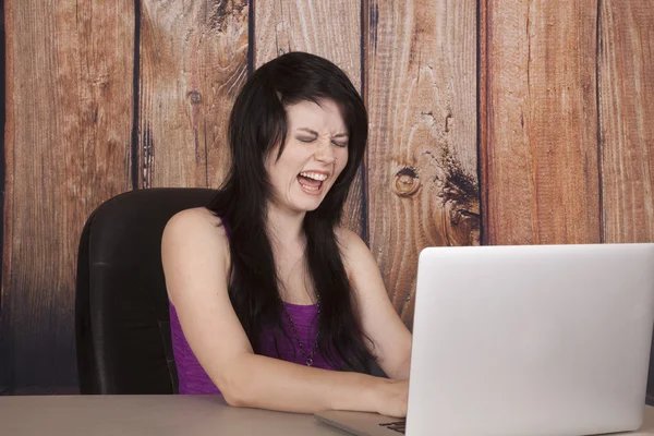 Woman sit in office nose ring computer scream — Stock Photo, Image