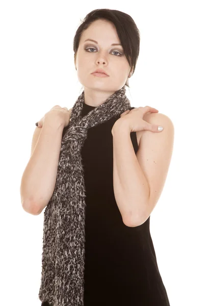 Woman black dress scarf hands shoulders — Stock Photo, Image