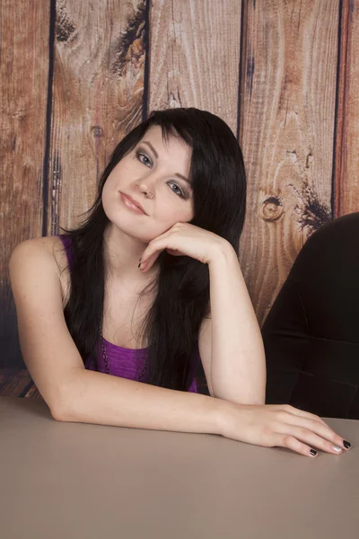 Woman sit in office nose ring looking — Stock Photo, Image