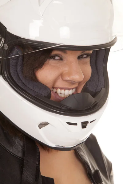 Woman biker helmet close laugh — Stock Photo, Image