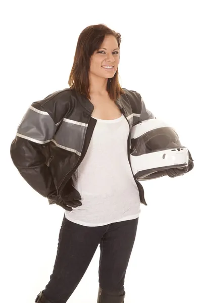 Woman biker helmet hold one hand — Stock Photo, Image