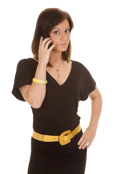 Woman black dress phone serious looking — Stock Photo, Image