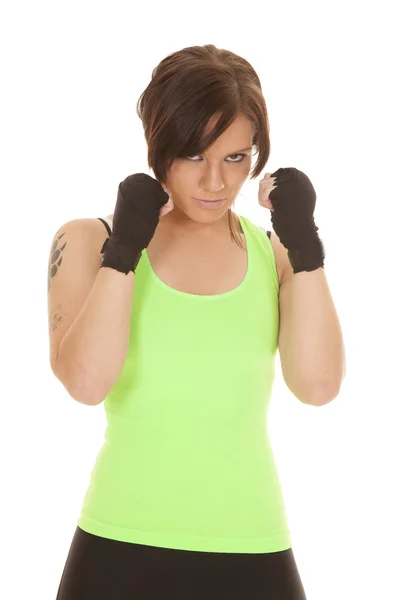 Woman green tank punch hands up — Stock Photo, Image