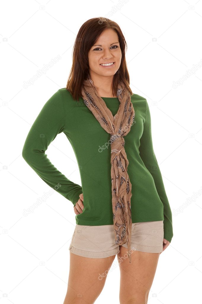 woman scarf green shirt smile hand hip