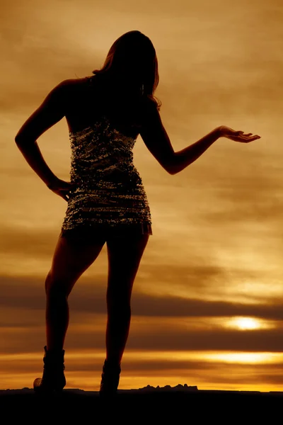 Vrouw silhouet uitdelen glanzende jurk — Stockfoto