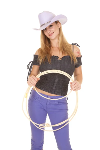 Cowgirl purple hat rope smile — Stock Photo, Image