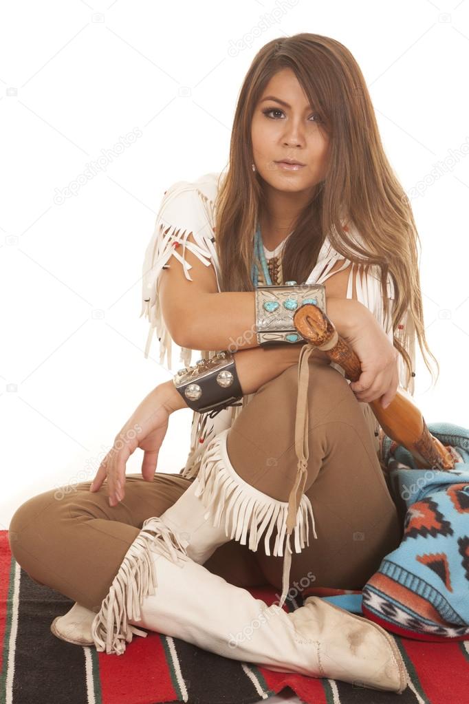 Woman Native American sit cross legs