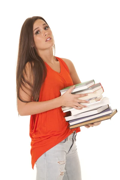 Mujer camisa roja libros estrés —  Fotos de Stock