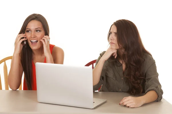 Two women computer one frustrated with other on phone — Stock Photo, Image