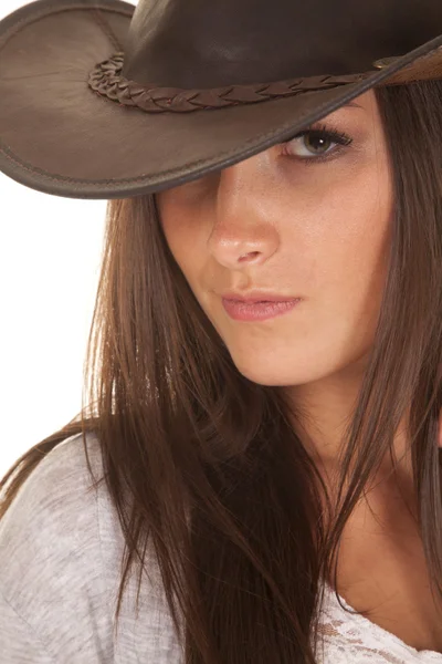 Woman western hat close see one eye — Stock Photo, Image