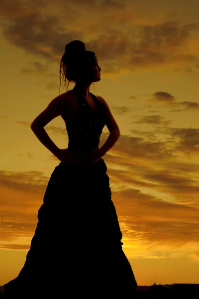 Silhouette woman hands hips big dress — Stock Photo, Image