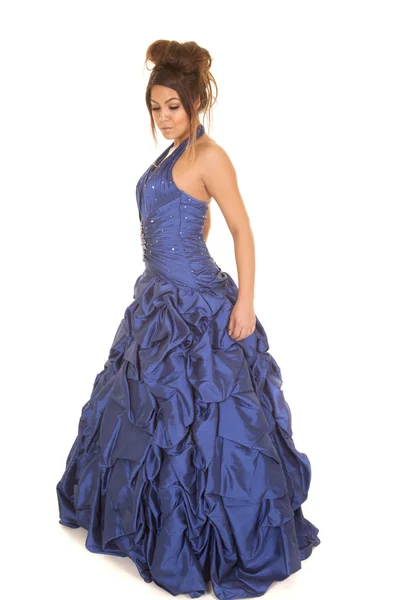 Mujer azul formal mirar hacia abajo — Foto de Stock