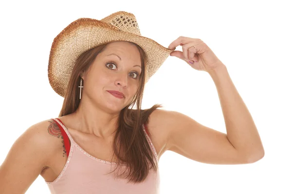 Mujer vaquera sombrero mantenga expresión divertida — Foto de Stock