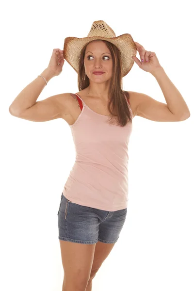 Woman cowgirl hat hold sides look side — Stock Photo, Image